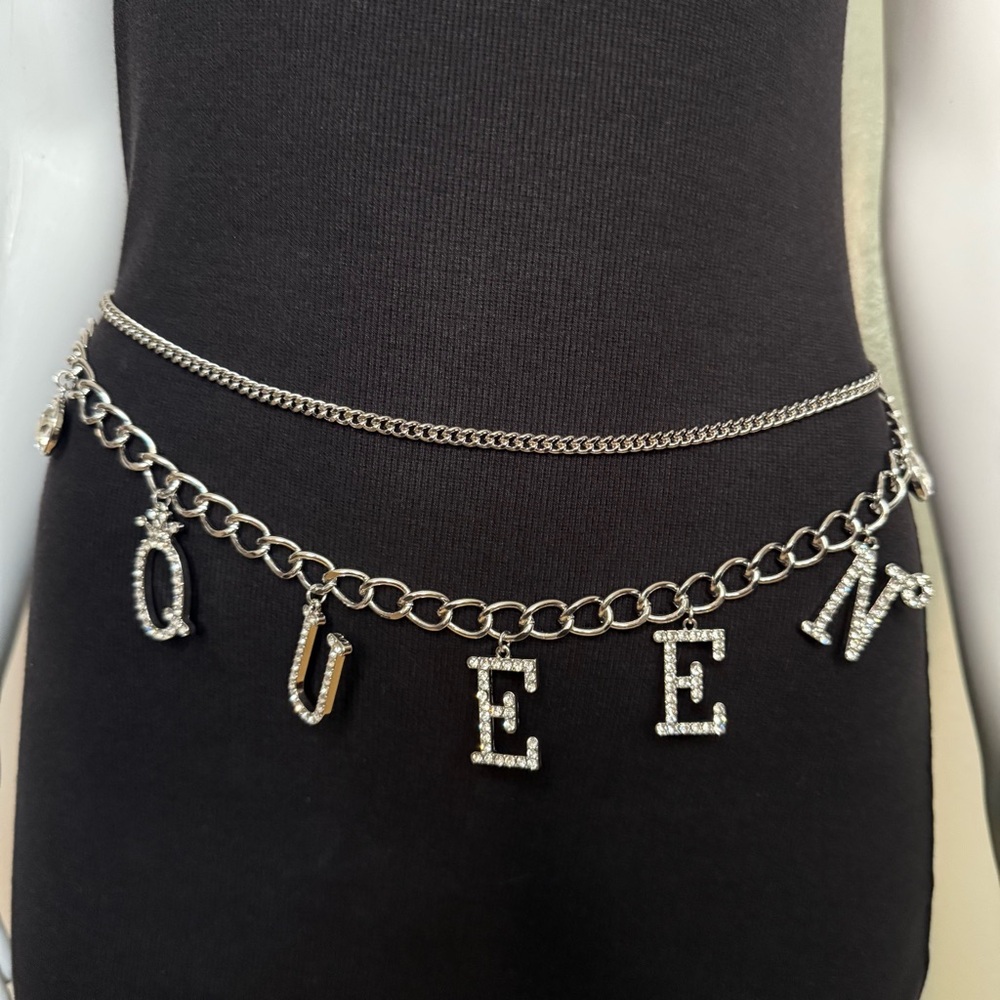 Silver tone layered charms with rhinestone details chain belt